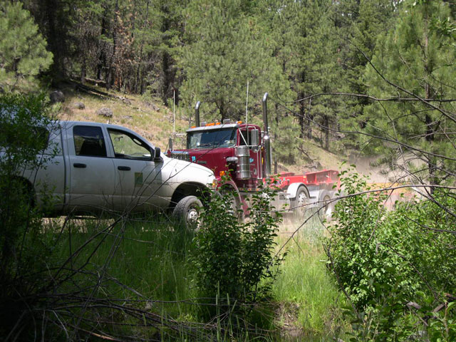 Log truck barreling down the road next to the stream, back for another load of big pondorosa pines