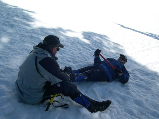 Ice axe arrest practice on a very steep slope, don't believe the camera.