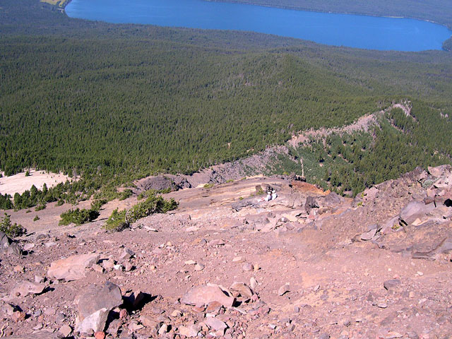 Looking down hill at the brunch counter and Diamond Lake.