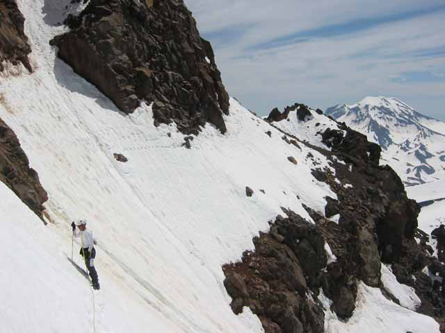 North Sister's Terrible Traverse at the crux of this dangerous summit. The exposure here is several thousand feet to the glacier below.