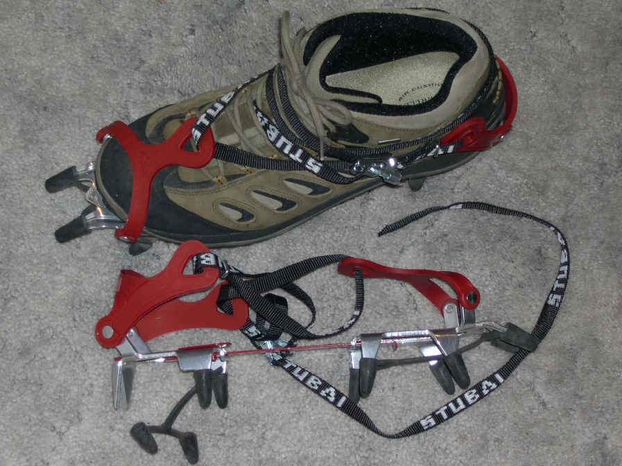 Stubai light weight crampons and Merrell trail shoes